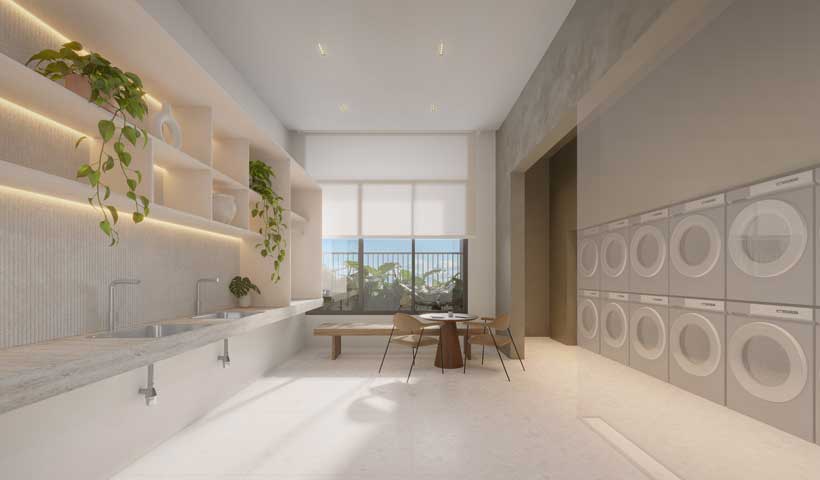 Lavanderia – Perspectiva ilustrada (As máquinas de lavar e secar serão utilizadas pelo serviço Pay-Per-Use ou por locação e este serviço será fornecido por terceiros, conforme convenção, a critério do condomínio)