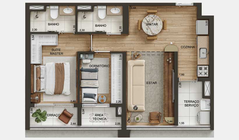 Planta tipo do apto. de 59 m² com 2 dorms. - Final 02