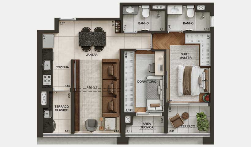 Planta tipo do apto. de 64 m² com 2 dorms. - Final 12