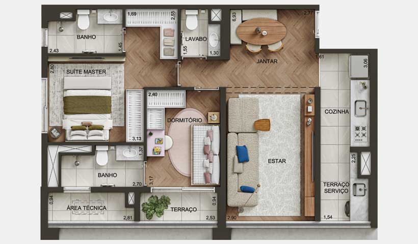 Planta tipo do apto. de 74 m² com 2 suítes - Final 01